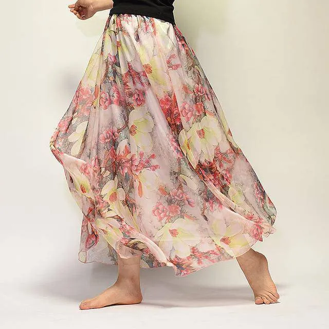 Fits 20"-39" waist, Chiffon Floral Printed Boho long (Floor Length) Skirt  Fits up to (US 16)