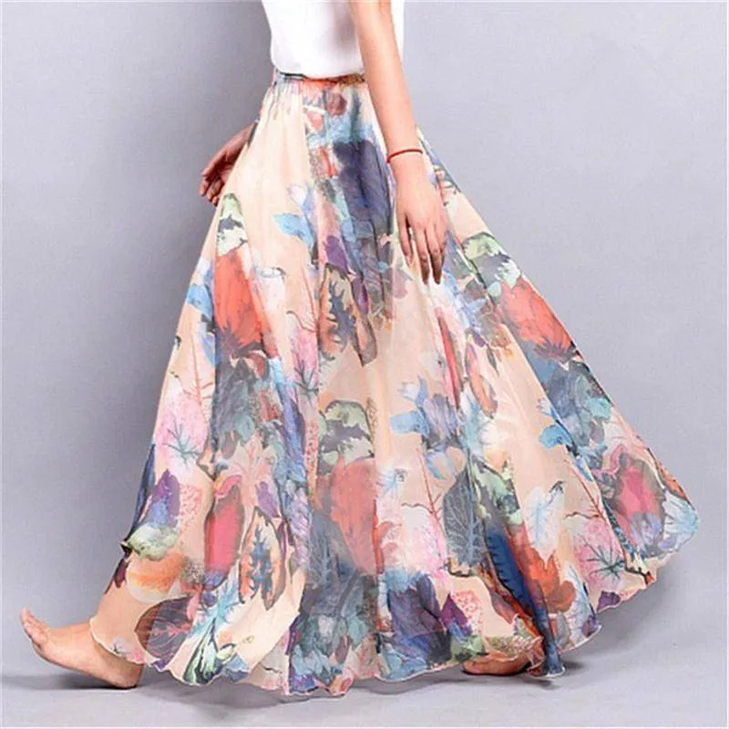 Fits 20"-39" waist, Chiffon Floral Printed Boho long (Floor Length) Skirt  Fits up to (US 16)