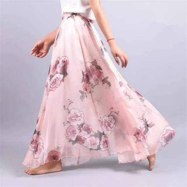 Fits 20"-39" waist, Chiffon Floral Printed Boho long (Floor Length) Skirt  Fits up to (US 16)
