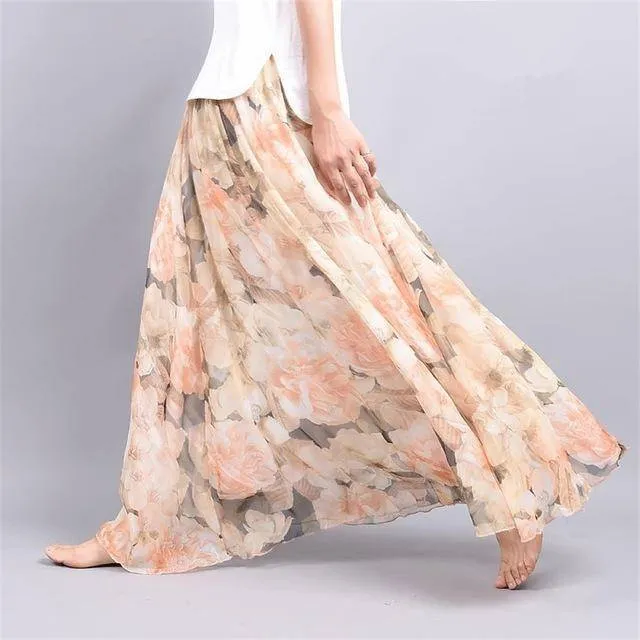 Fits 20"-39" waist, Chiffon Floral Printed Boho long (Floor Length) Skirt  Fits up to (US 16)