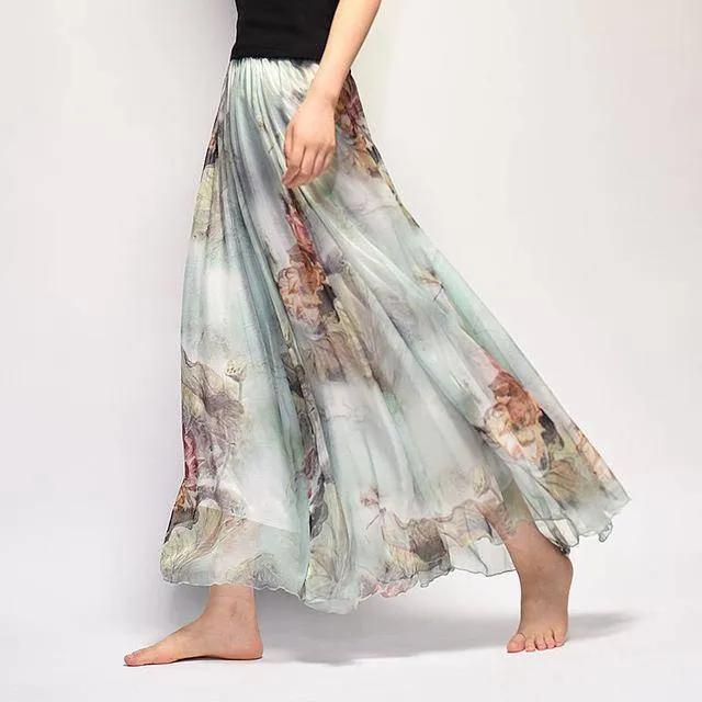 Fits 20"-39" waist, Chiffon Floral Printed Boho long (Floor Length) Skirt  Fits up to (US 16)