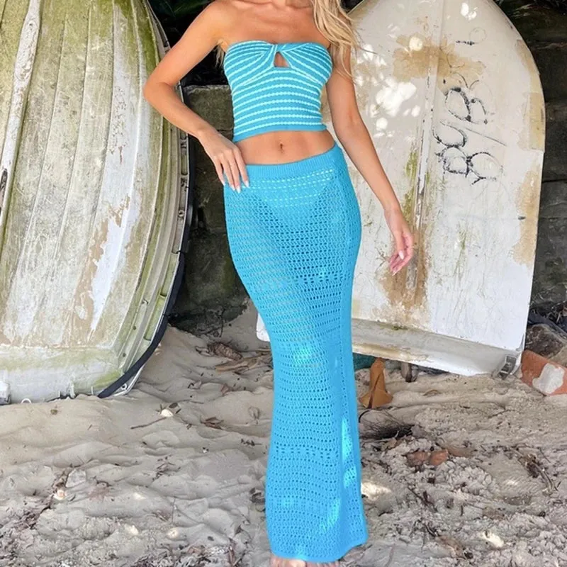 Girlary Boho Beach Holiday 2 Piece Set Striped Knitted Chest Wrap Crop Top Strapless Camis   Long Skirts Chic Women Outfits