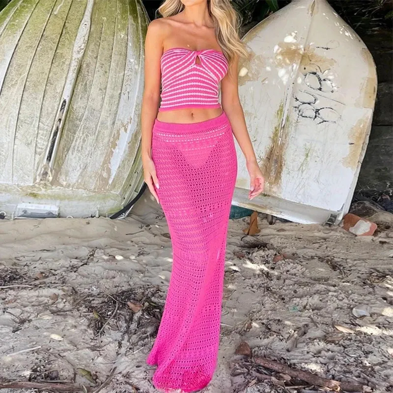 Girlary Boho Beach Holiday 2 Piece Set Striped Knitted Chest Wrap Crop Top Strapless Camis   Long Skirts Chic Women Outfits