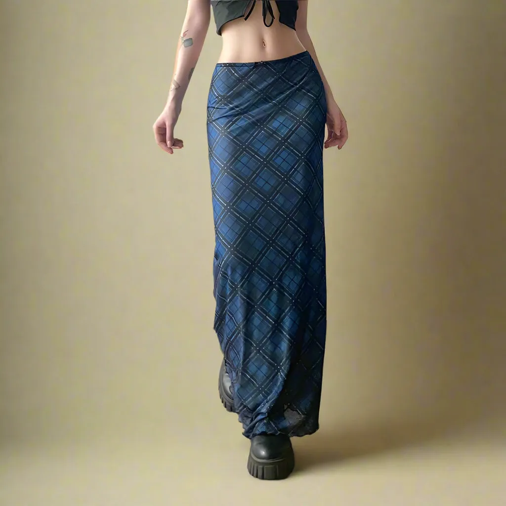 Grunge Blue Plaid Maxi Skirt