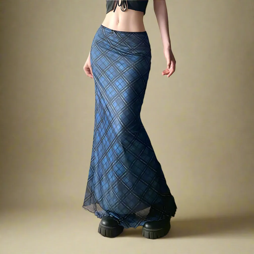 Grunge Blue Plaid Maxi Skirt