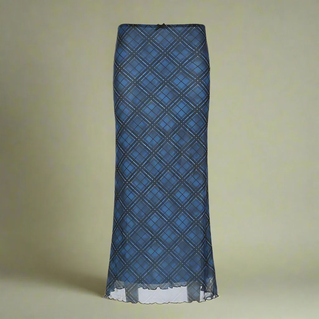 Grunge Blue Plaid Maxi Skirt
