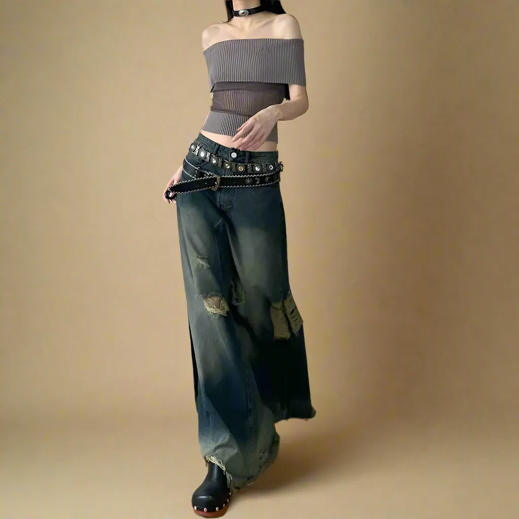 Grunge Distressed Dark Denim Maxi Skirt