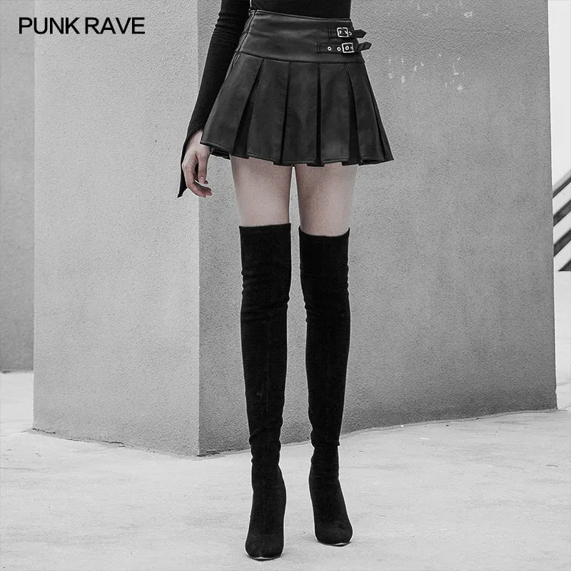 High Waist Metal Buckle Decorative Pleated PU Half Skirt
