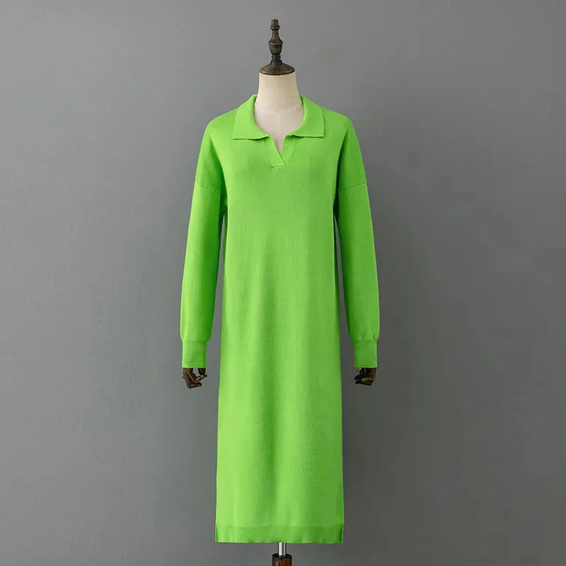 HLBCBG New Straight Autumn Winter Long Sweater Dress Women Split Side Long POLO Neck Maix Sweater Dress Female Basic Loose Dress
