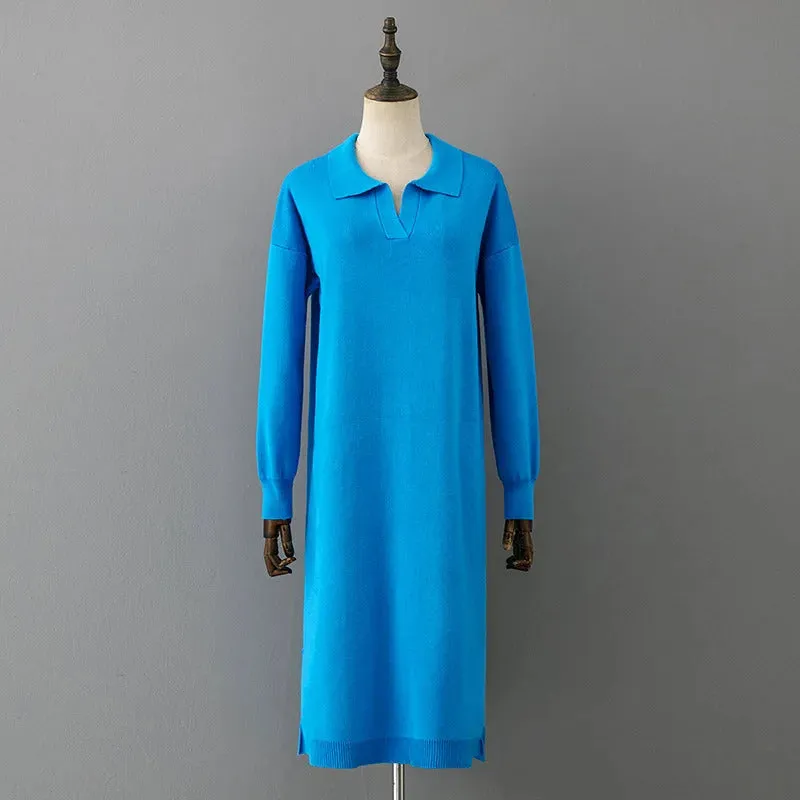 HLBCBG New Straight Autumn Winter Long Sweater Dress Women Split Side Long POLO Neck Maix Sweater Dress Female Basic Loose Dress