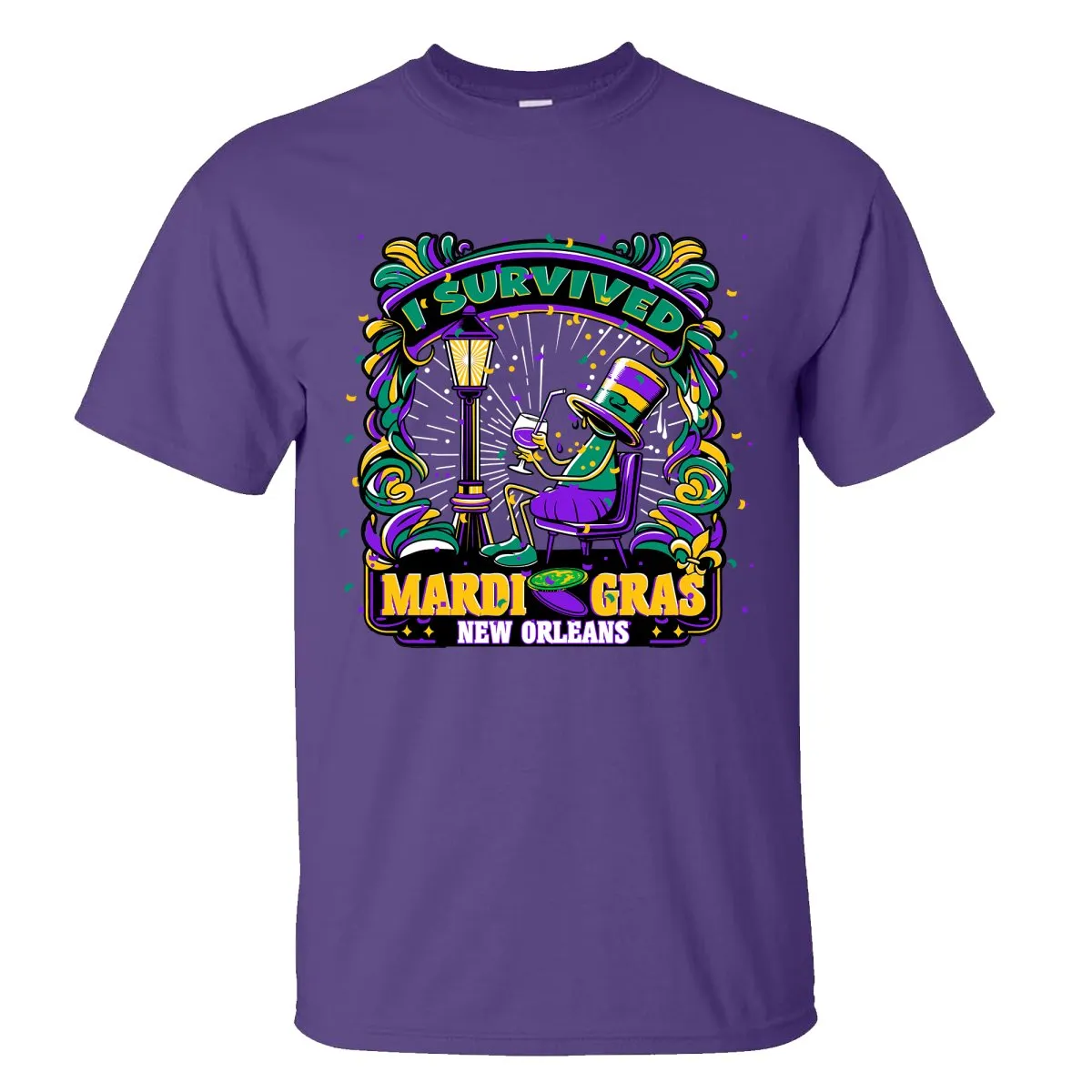 I Survived Mardi Gras Drunk Guy T-shirt Purple