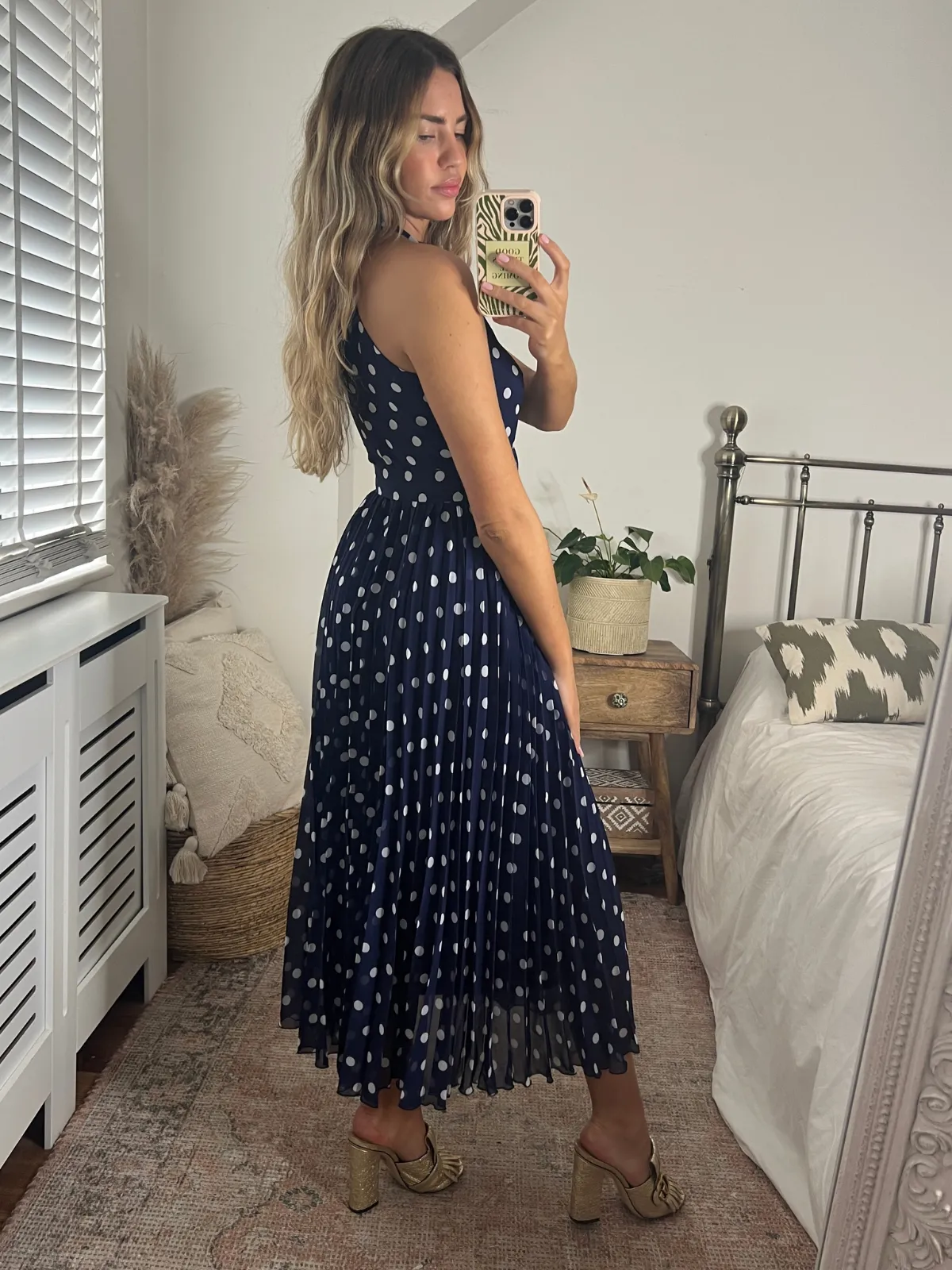 IMPERFECT Luisa Belted Pleated Maxi Dress / Navy And White Spot Print