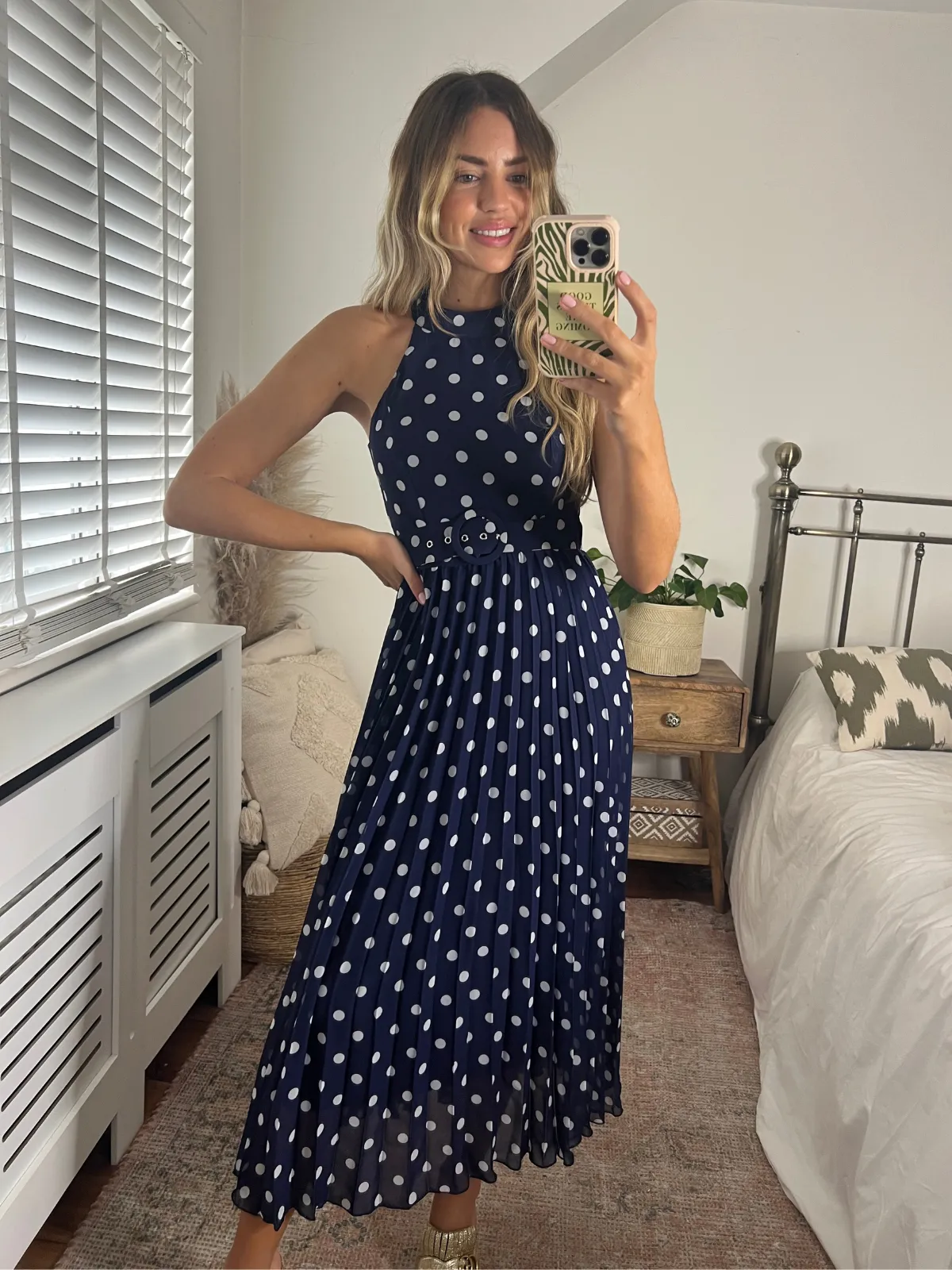 IMPERFECT Luisa Belted Pleated Maxi Dress / Navy And White Spot Print