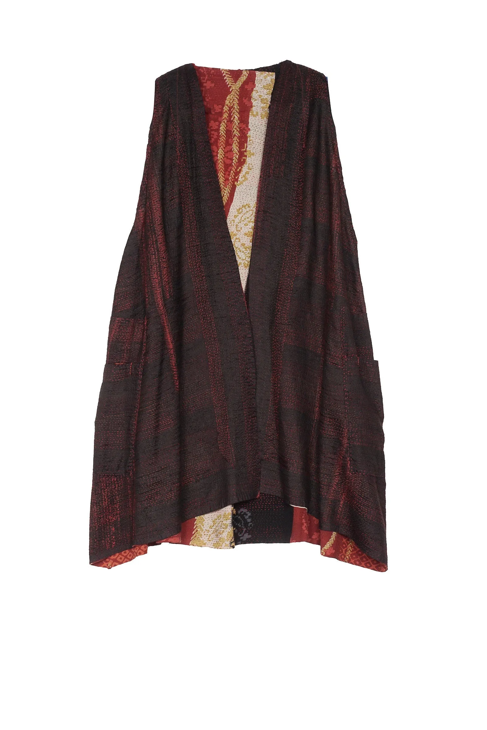 KIMONO PRINT KANTHA BACK PLEATED VEST - kp2221-red -