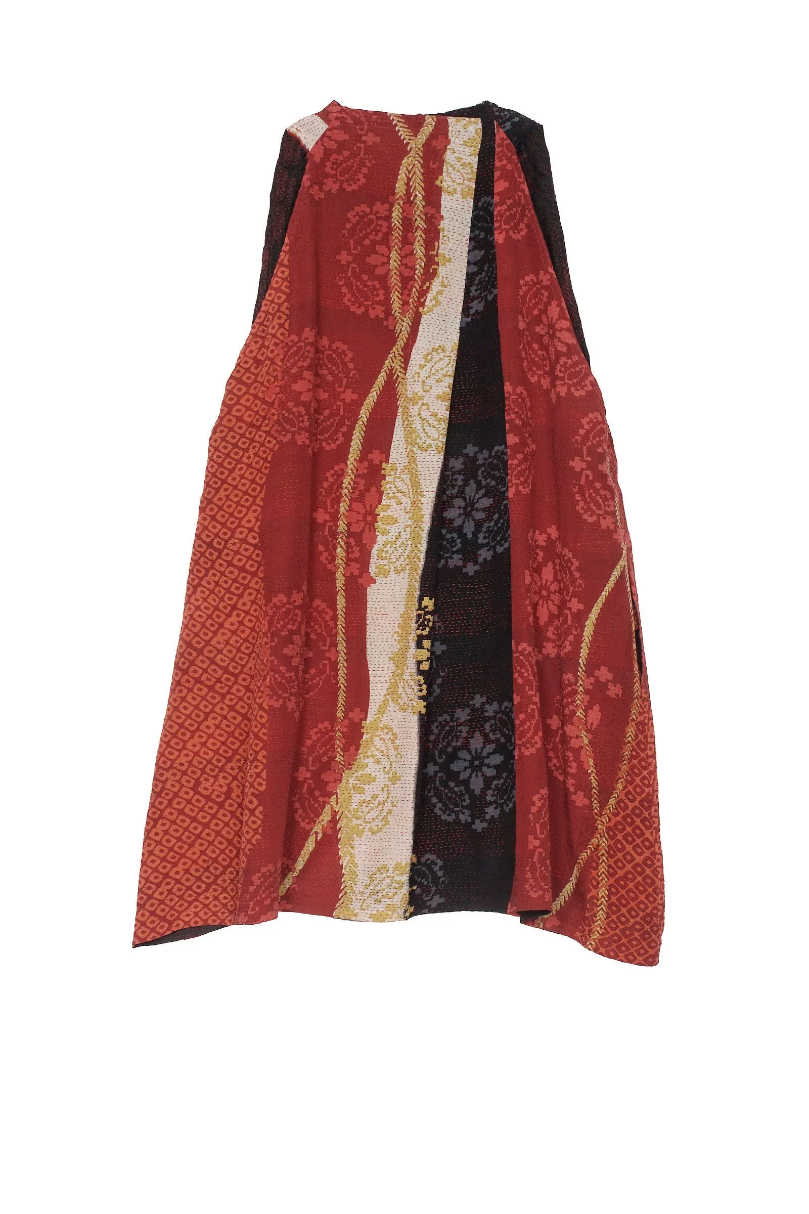 KIMONO PRINT KANTHA BACK PLEATED VEST - kp2221-red -