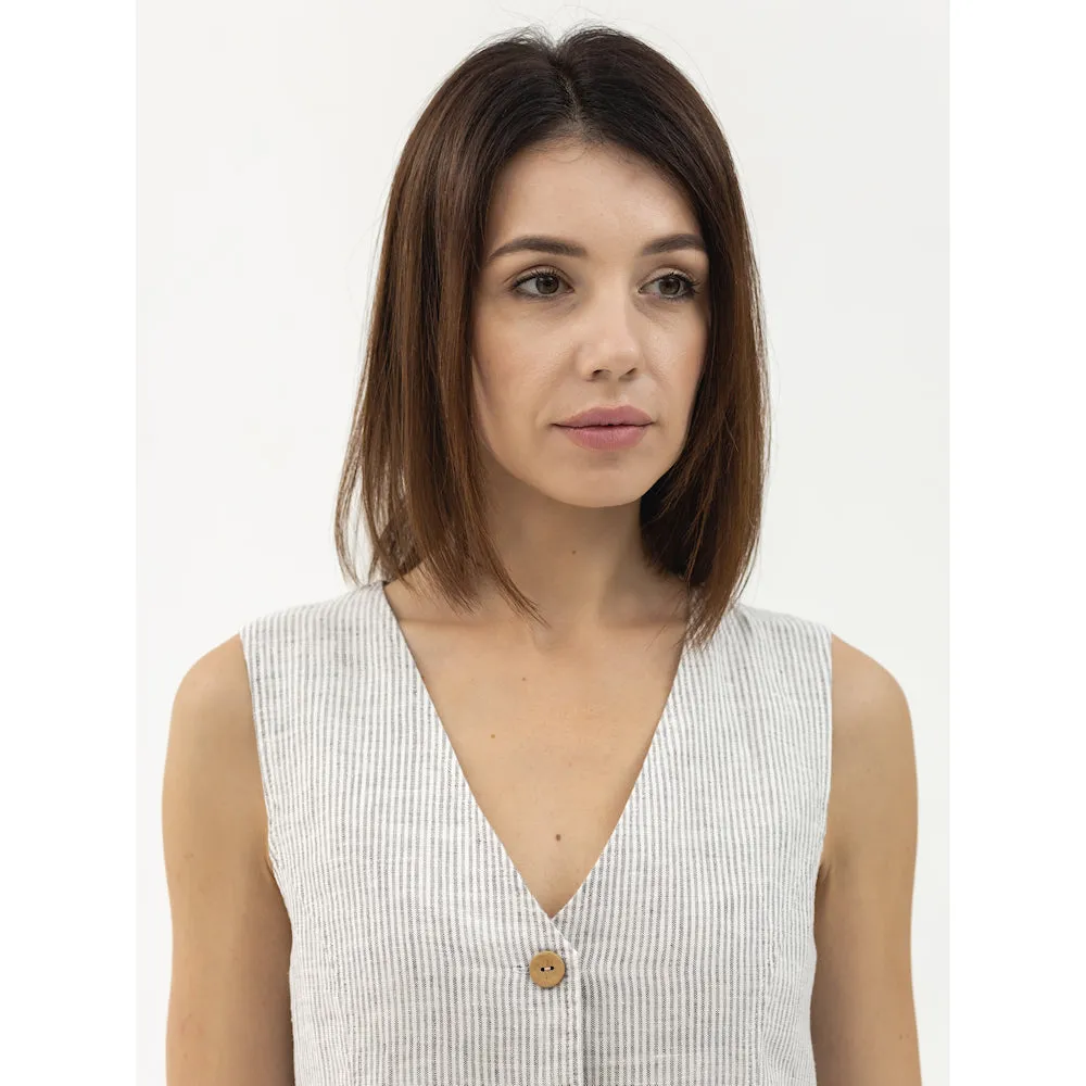 Linen Vest - Grey White Pinstripes - Stonewashed - Meduim Thick Linen