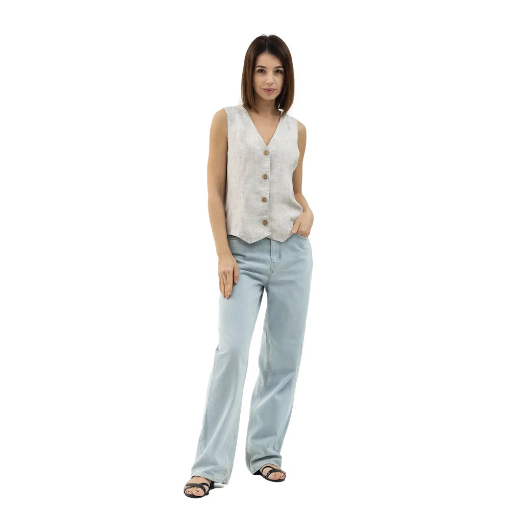 Linen Vest - Grey White Pinstripes - Stonewashed - Meduim Thick Linen
