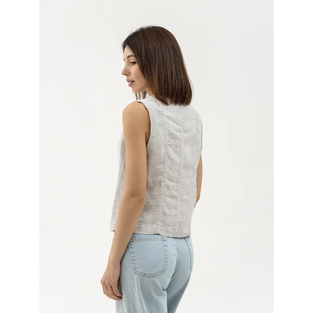Linen Vest - Grey White Pinstripes - Stonewashed - Meduim Thick Linen