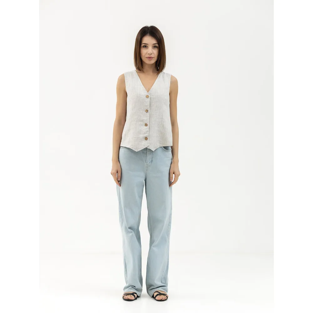 Linen Vest - Grey White Pinstripes - Stonewashed - Meduim Thick Linen