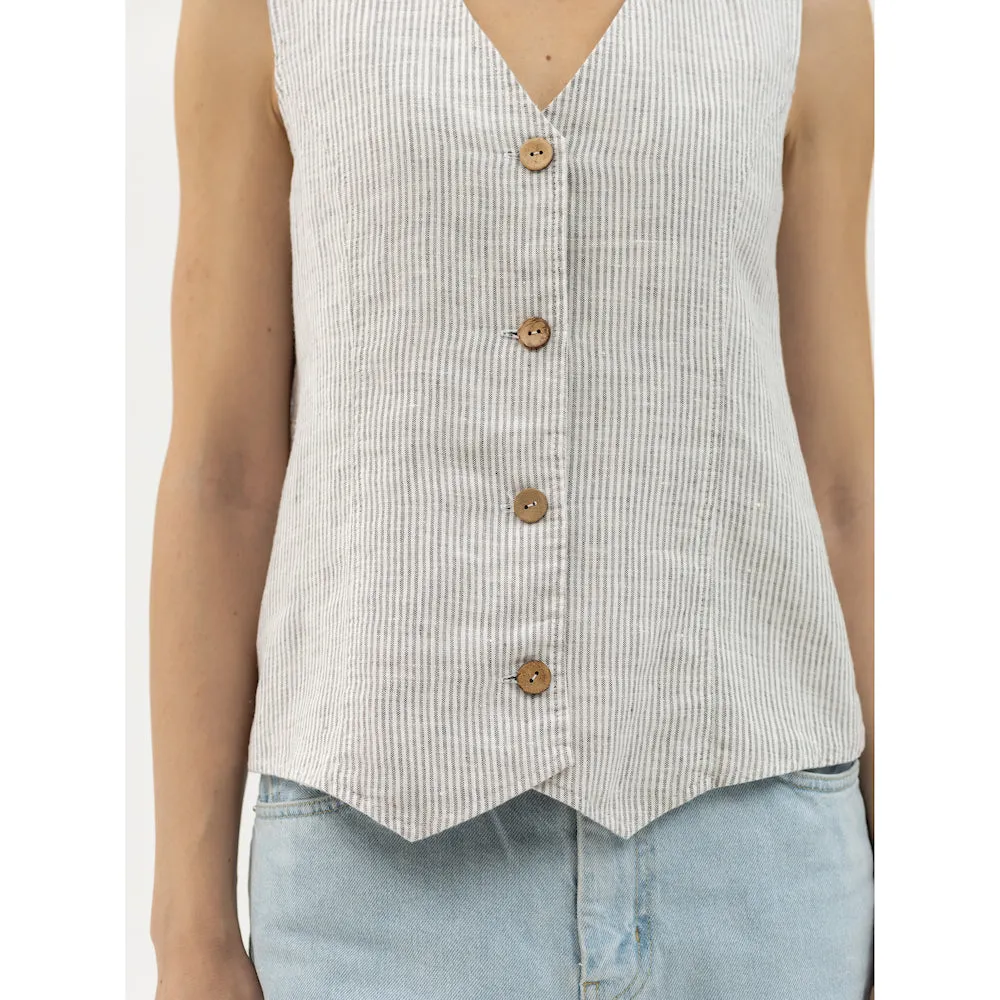 Linen Vest - Grey White Pinstripes - Stonewashed - Meduim Thick Linen