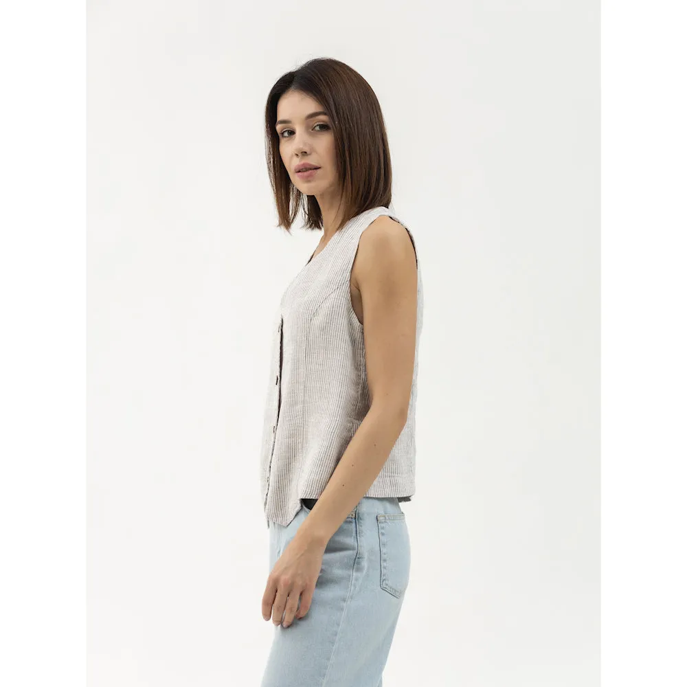 Linen Vest - Grey White Pinstripes - Stonewashed - Meduim Thick Linen
