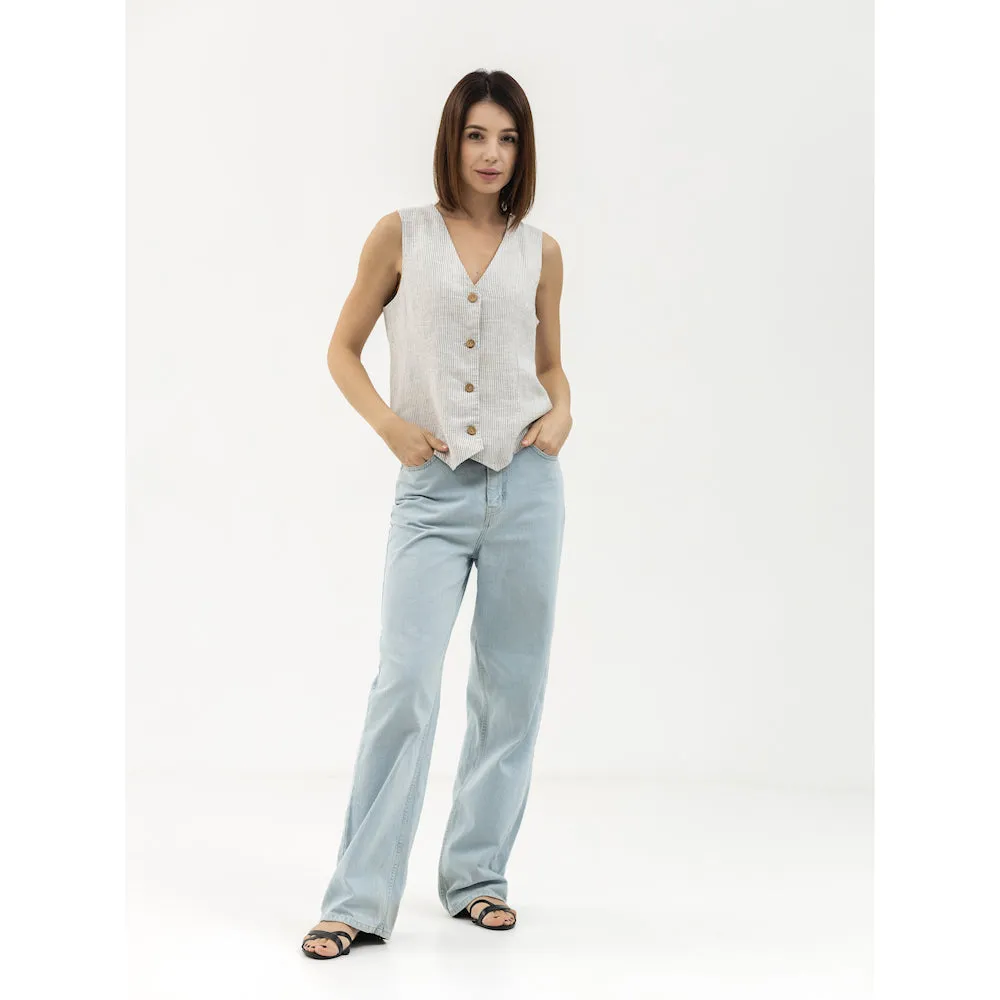 Linen Vest - Grey White Pinstripes - Stonewashed - Meduim Thick Linen