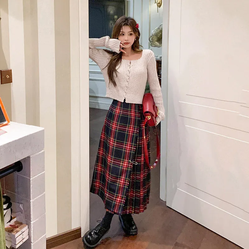 Marrlve grunge outfits Retro Scottish Plaid Skirt Women's Long High Waist A- line Hip Skirt Slimming Draping Pleated Skirt