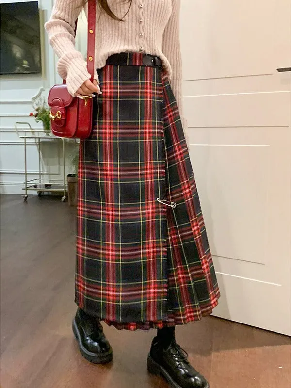Marrlve grunge outfits Retro Scottish Plaid Skirt Women's Long High Waist A- line Hip Skirt Slimming Draping Pleated Skirt