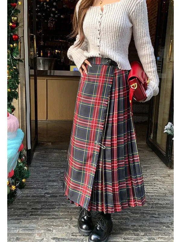 Marrlve grunge outfits Retro Scottish Plaid Skirt Women's Long High Waist A- line Hip Skirt Slimming Draping Pleated Skirt