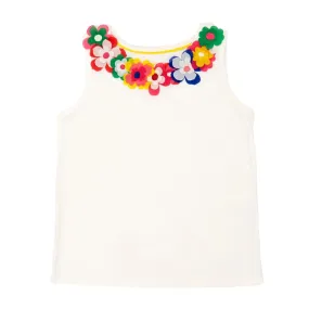 Mini Boden Girls White 3D Floral Cotton Vest Sleeveless Summer Tops