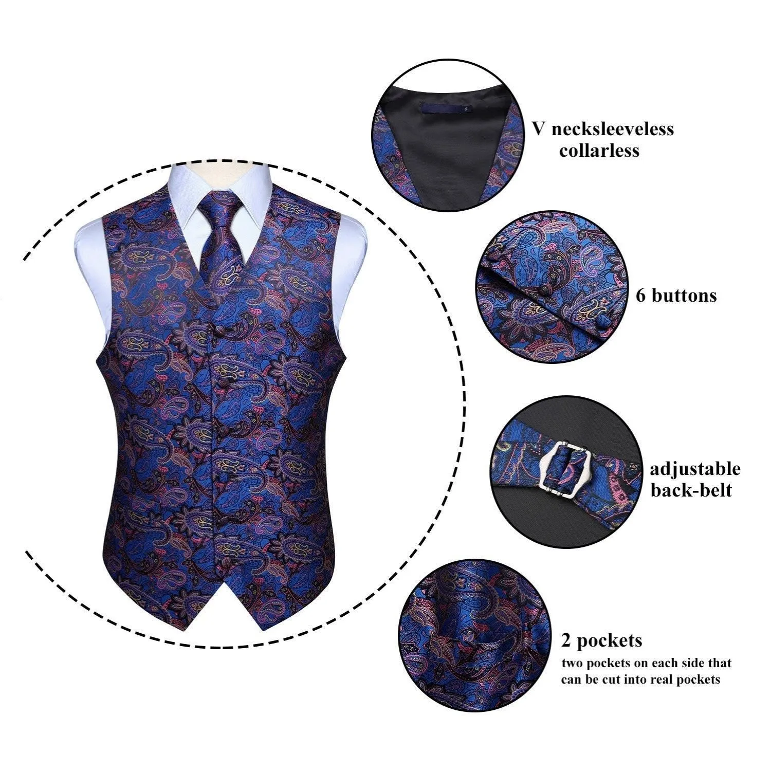 Paisley Suit Vest Tie Handkerchief Set - BLUE & PINK