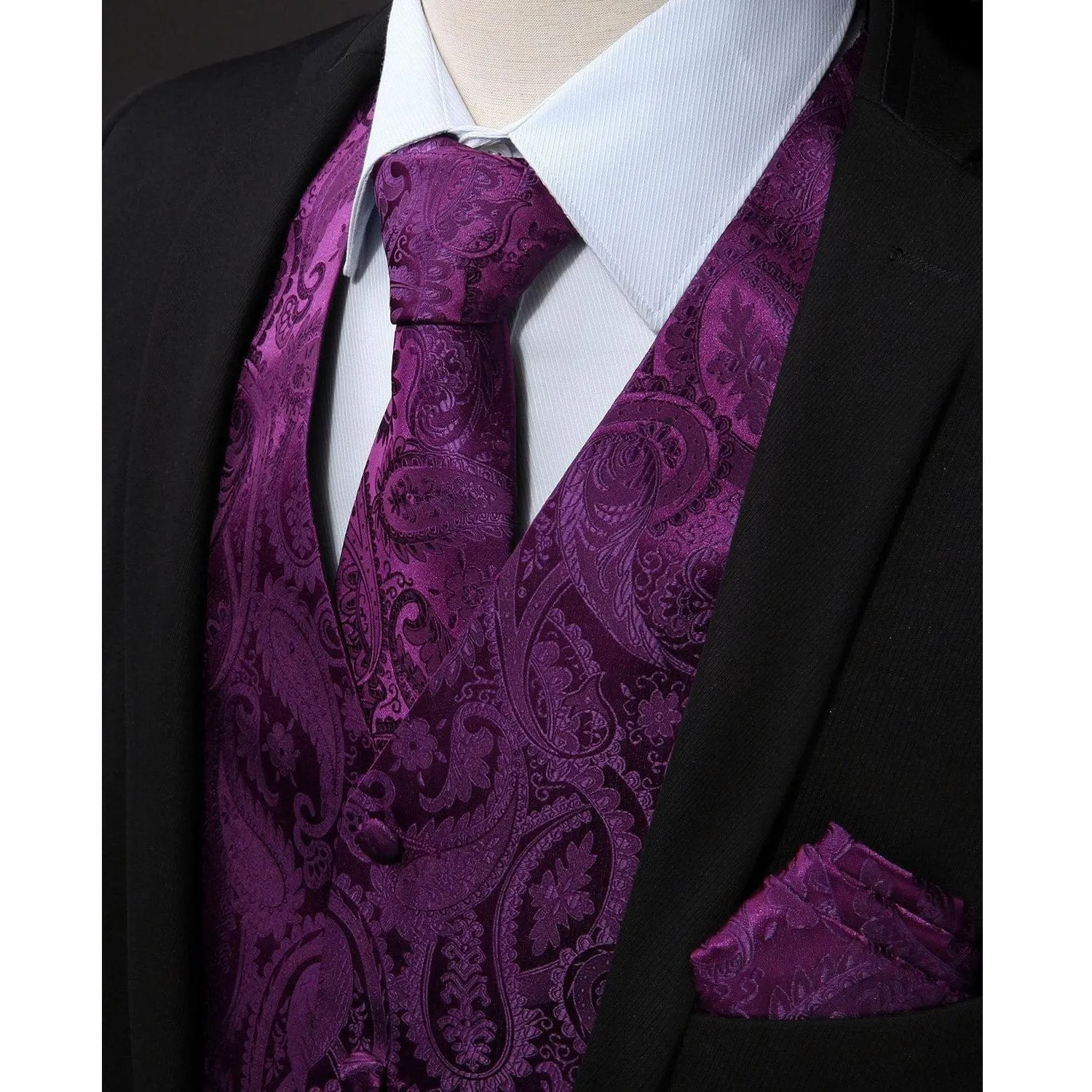 Paisley Suit Vest Tie Handkerchief Set - PURPLE