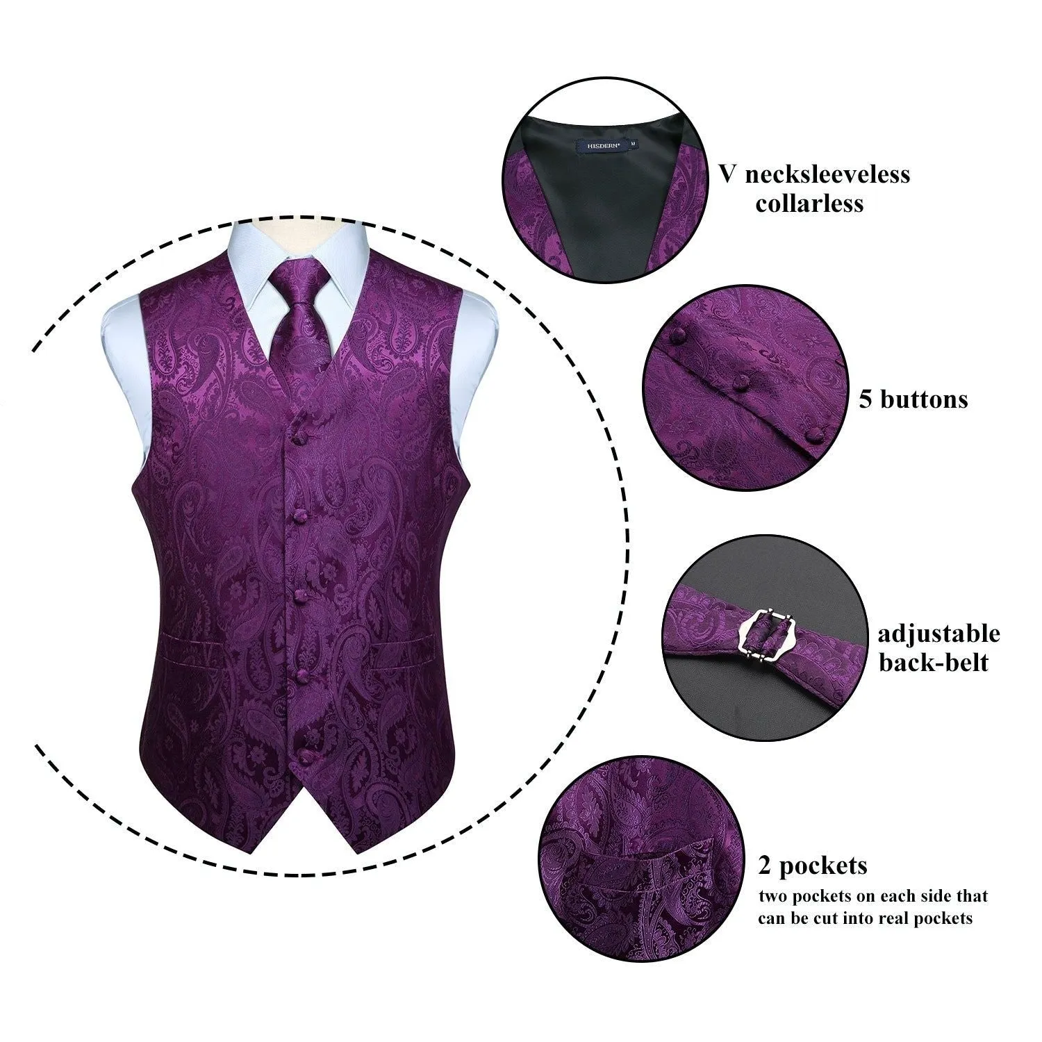 Paisley Suit Vest Tie Handkerchief Set - PURPLE