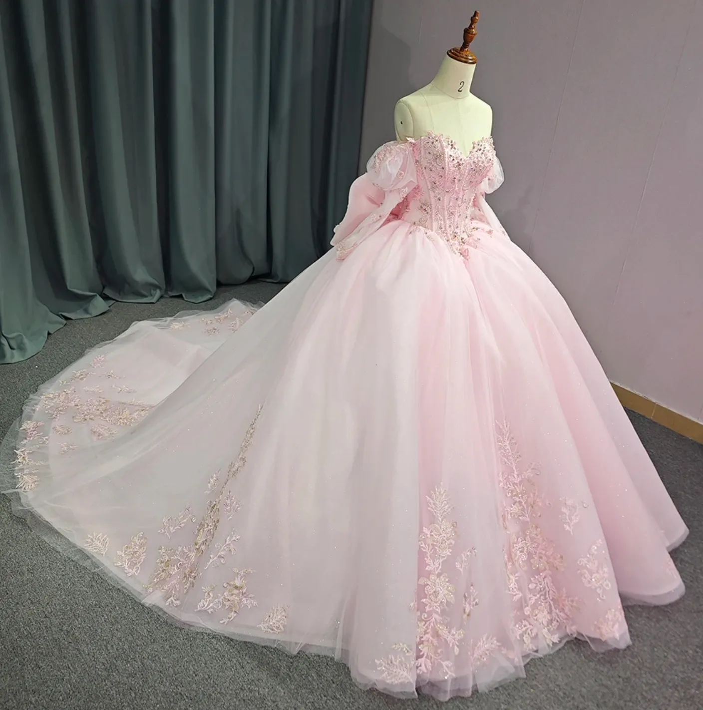 Pink Shiny Sweetheart Quinceanera Dress Off Shoulder Sequined Lace Bow Beads Court Train