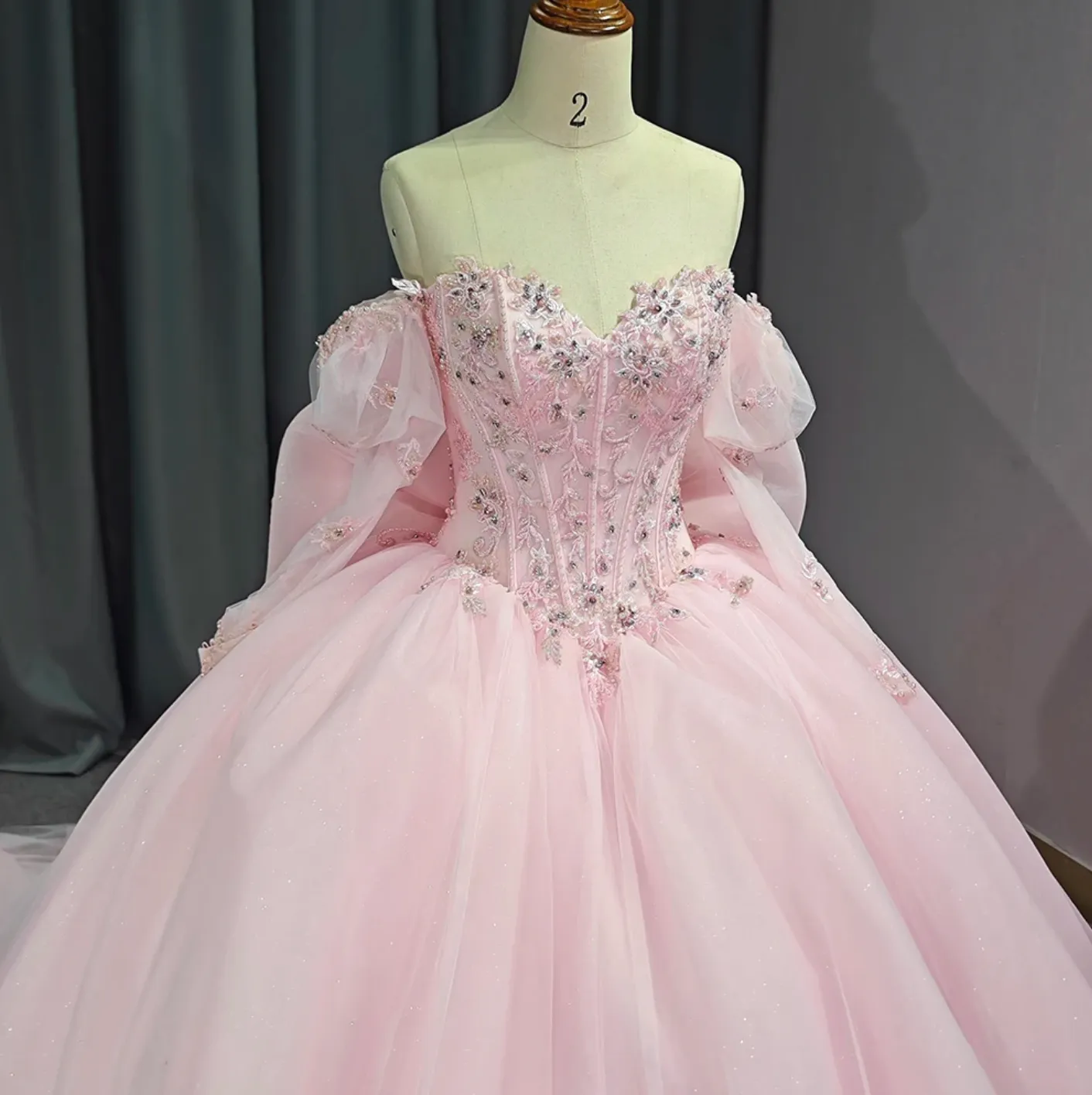 Pink Shiny Sweetheart Quinceanera Dress Off Shoulder Sequined Lace Bow Beads Court Train