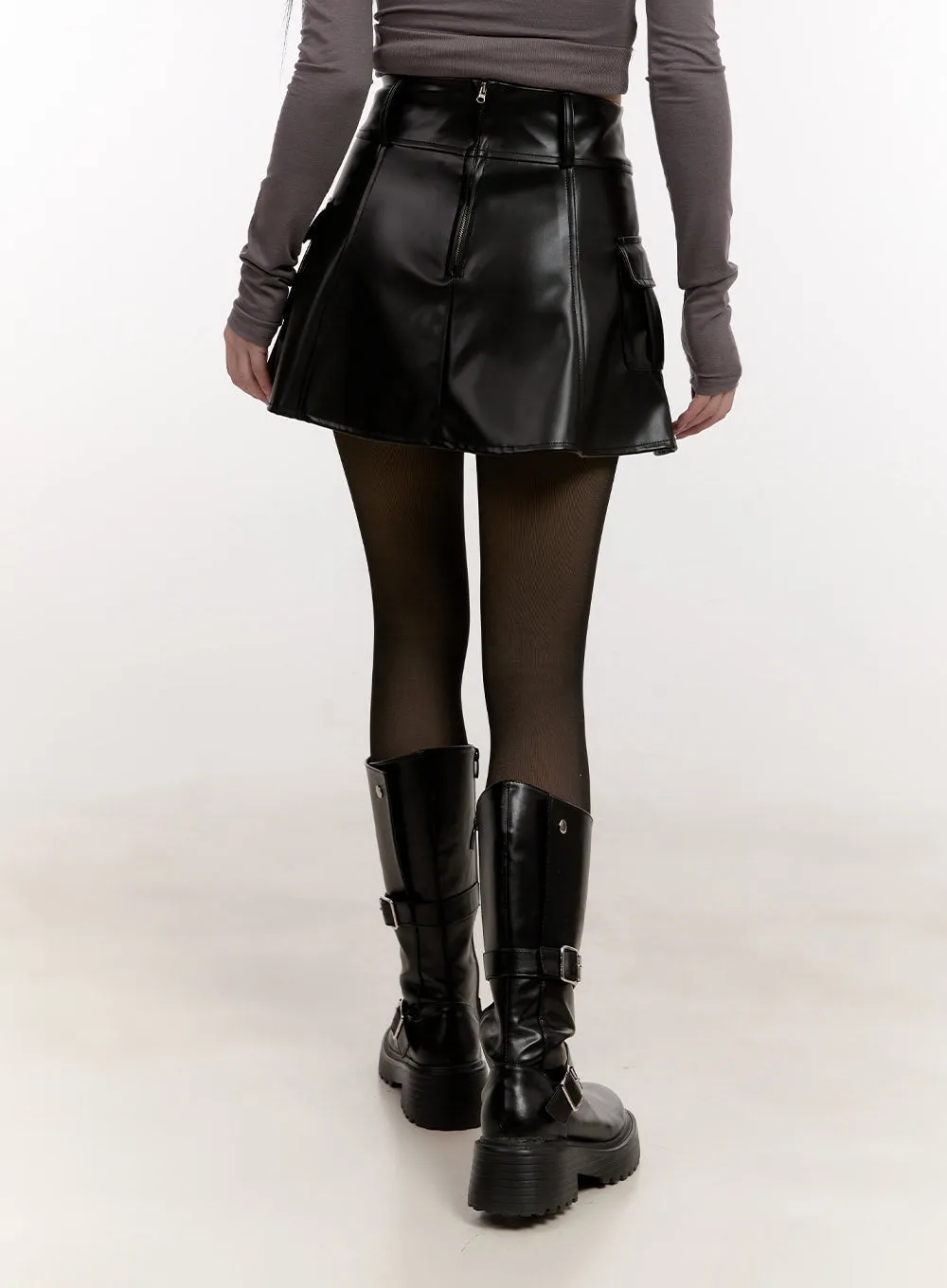 Pleated Glossy Faux-Leather Mini Skirt CJ529
