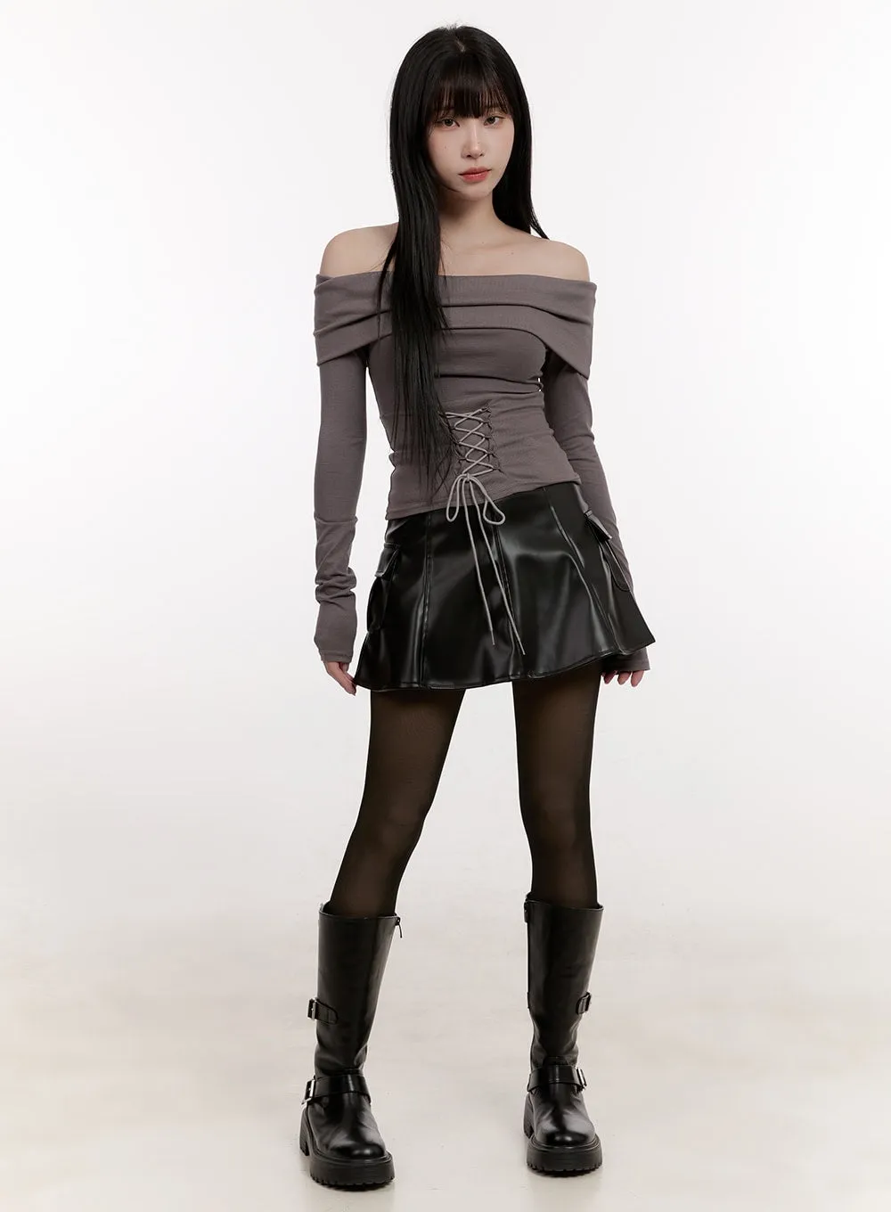 Pleated Glossy Faux-Leather Mini Skirt CJ529