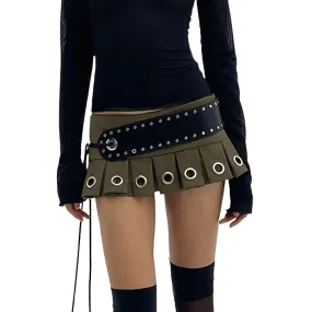 Punk Low Rise Pleated Shorts-Skirts With PU Belt / Vintage Grunge Women's Outfits