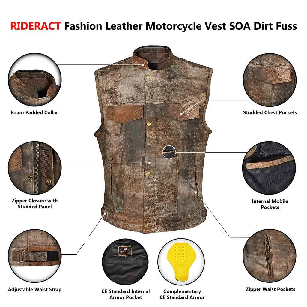RIDERACT® Motorcycle Leather Vest SOA Dirt Fuss
