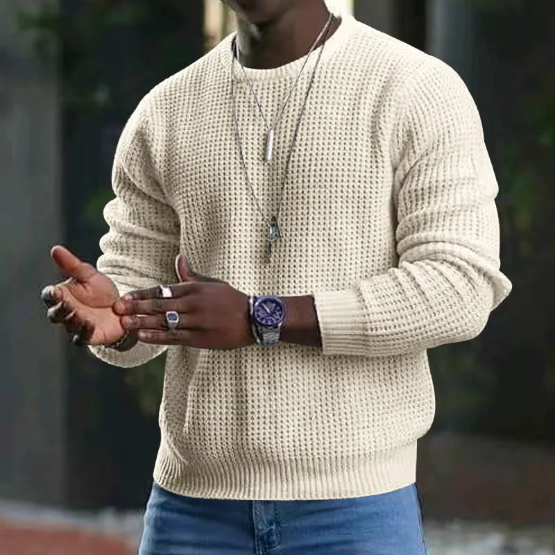 Riolio Spring and Autumn Men's Youth Waffle Solid Color round Neck Long Sleeve Pullover Sweater