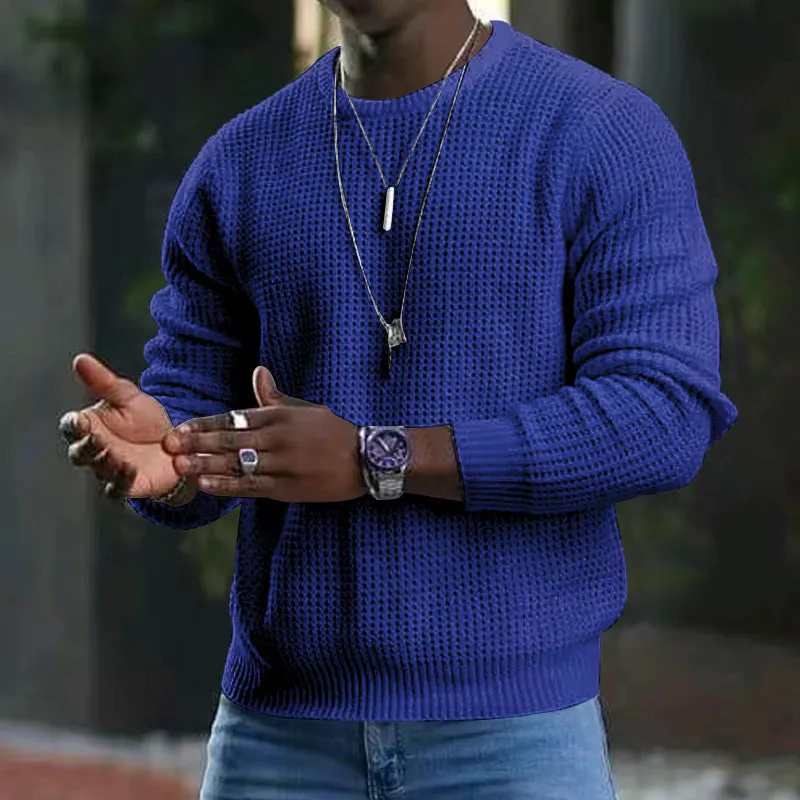 Riolio Spring and Autumn Men's Youth Waffle Solid Color round Neck Long Sleeve Pullover Sweater