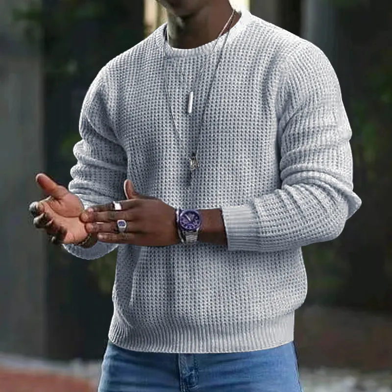 Riolio Spring and Autumn Men's Youth Waffle Solid Color round Neck Long Sleeve Pullover Sweater