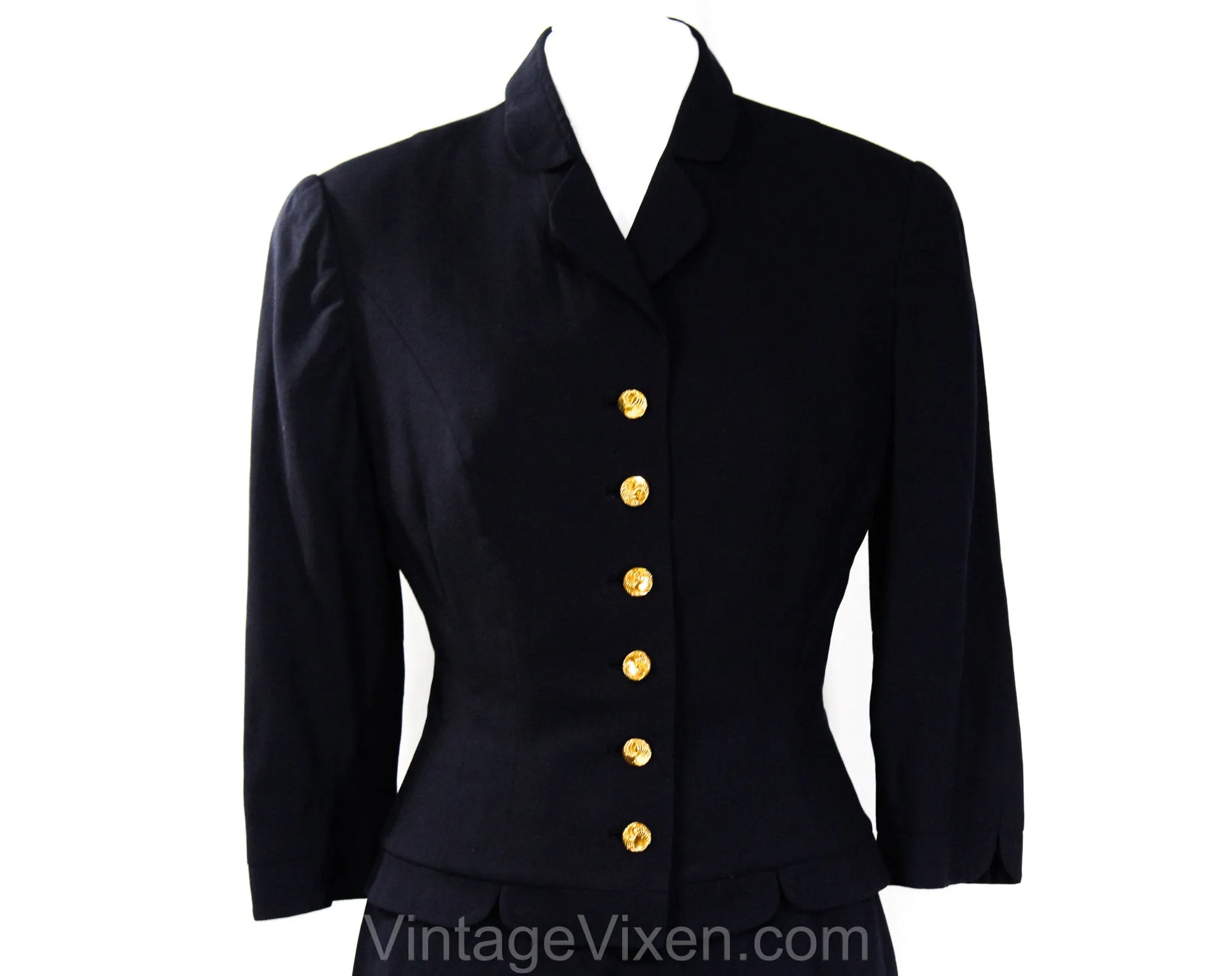 Size 2 Navy 1950s Suit - XS Small 50s Dark Blue Tailored Jacket & Fitted Skirt - Spiral Gold Buttons and Scallops - RothLeCover - Waist 24