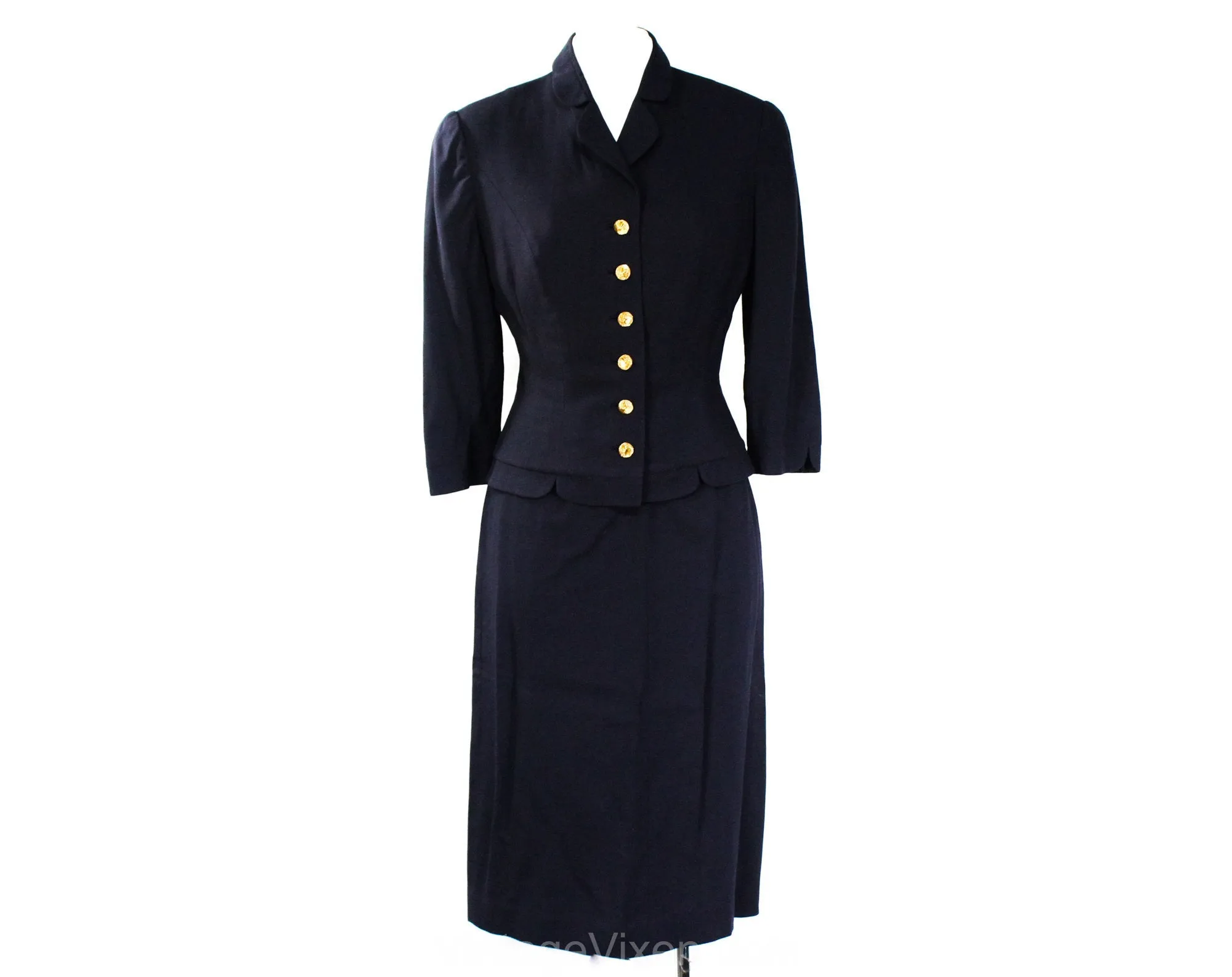 Size 2 Navy 1950s Suit - XS Small 50s Dark Blue Tailored Jacket & Fitted Skirt - Spiral Gold Buttons and Scallops - RothLeCover - Waist 24