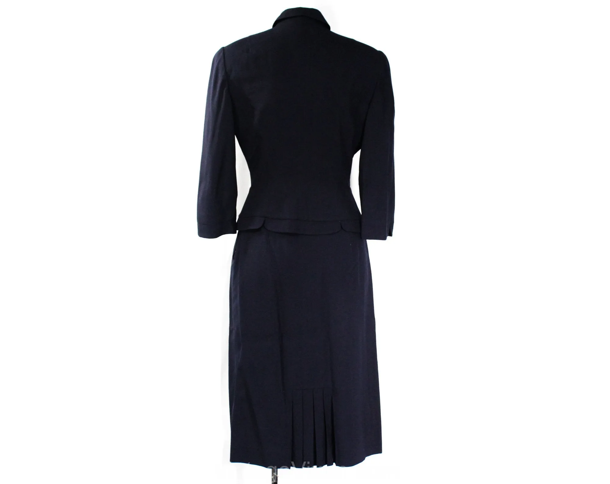 Size 2 Navy 1950s Suit - XS Small 50s Dark Blue Tailored Jacket & Fitted Skirt - Spiral Gold Buttons and Scallops - RothLeCover - Waist 24