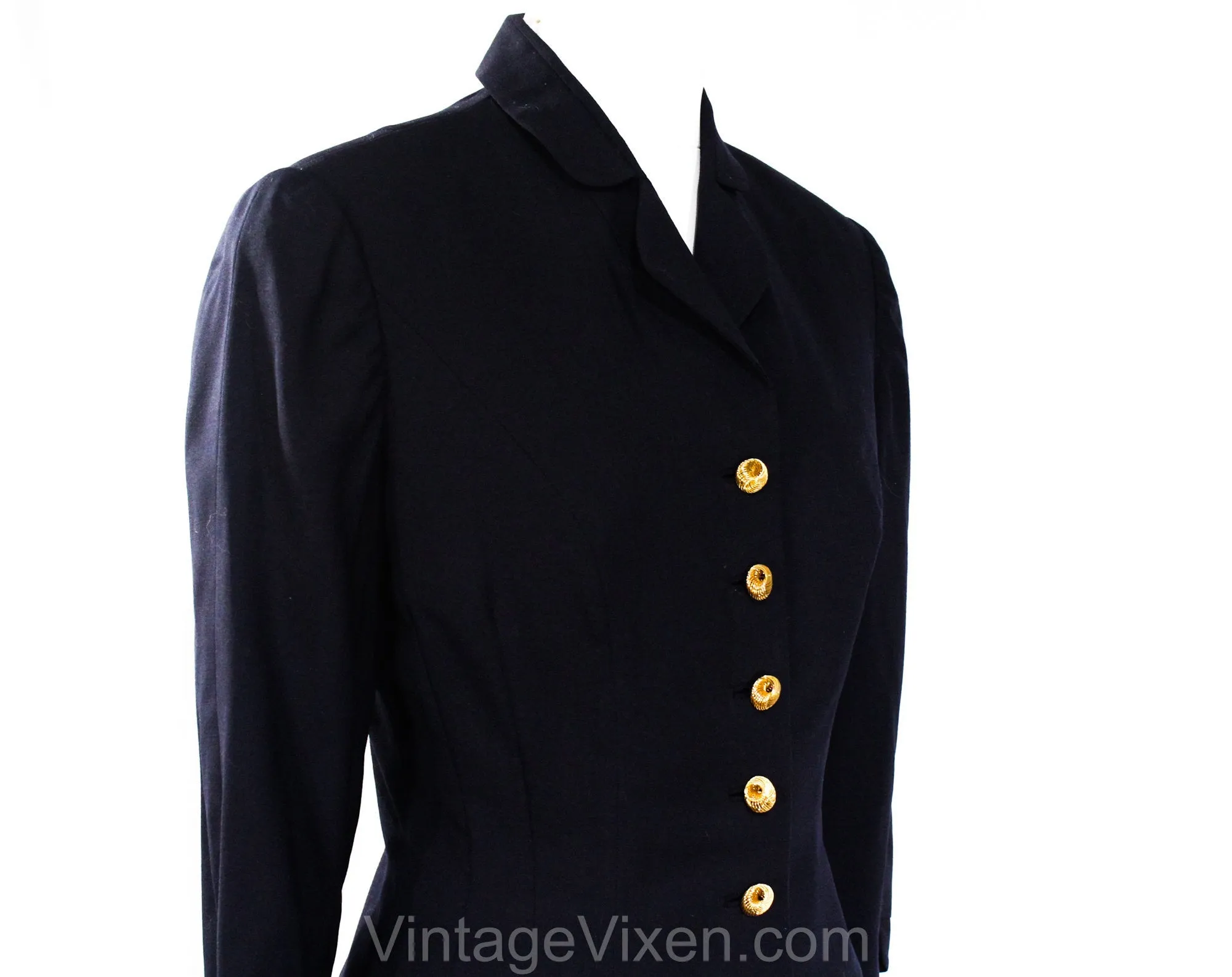 Size 2 Navy 1950s Suit - XS Small 50s Dark Blue Tailored Jacket & Fitted Skirt - Spiral Gold Buttons and Scallops - RothLeCover - Waist 24