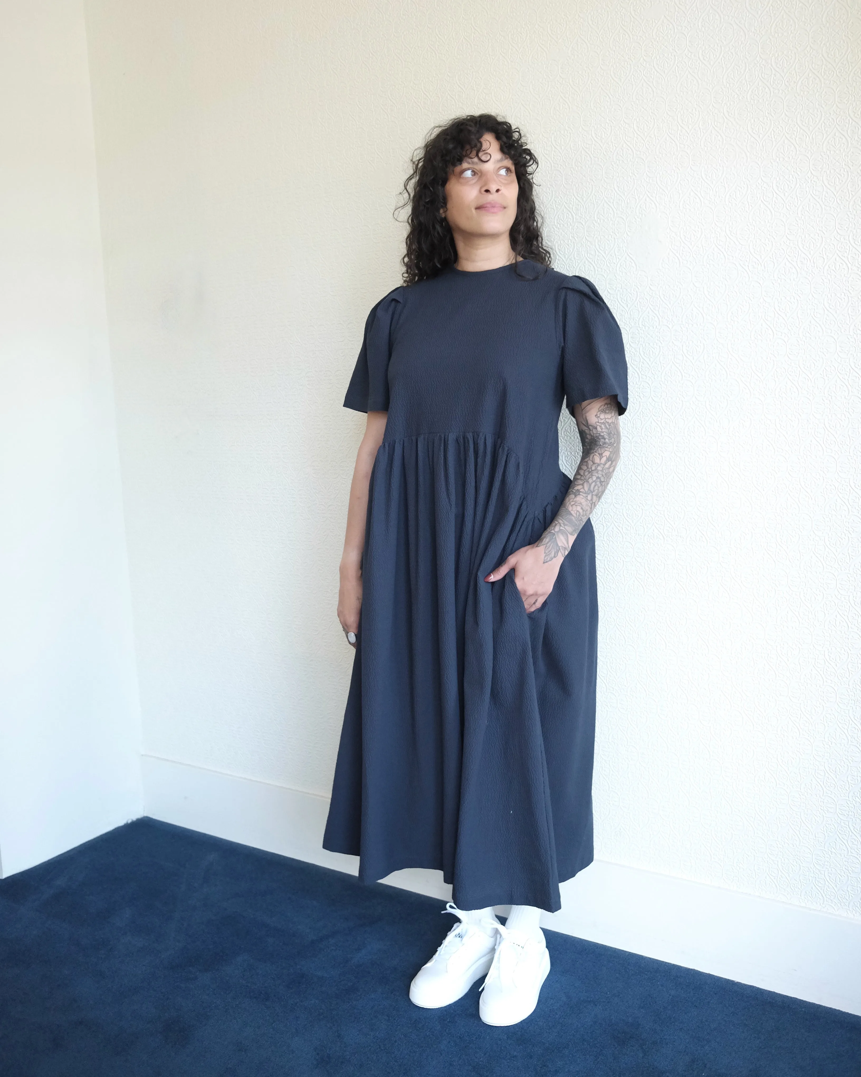 Spring Garden Dress, Navy Seersucker