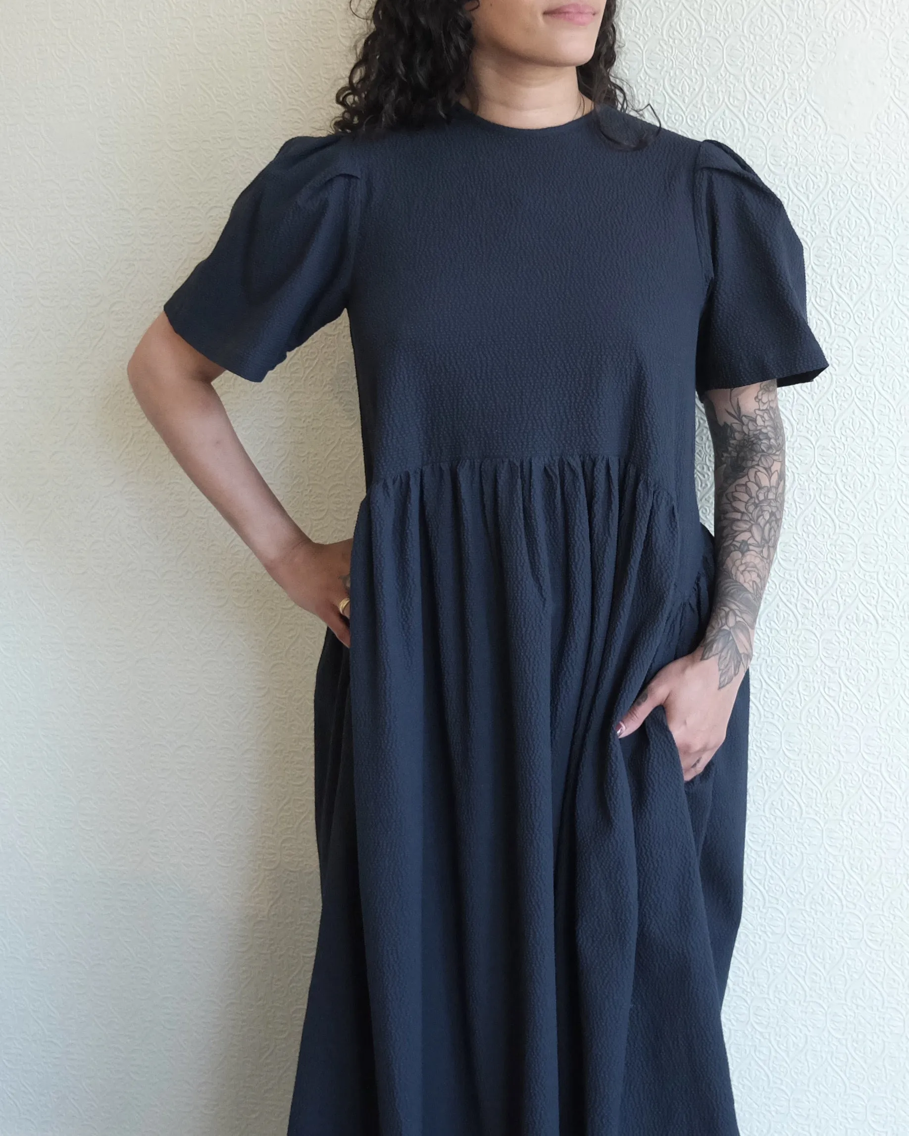 Spring Garden Dress, Navy Seersucker