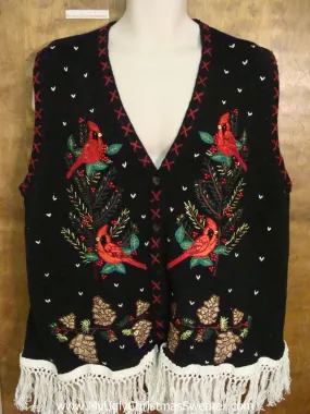 Tacky Red Cardinals Ugly Christmas Sweater Vest with Fringe