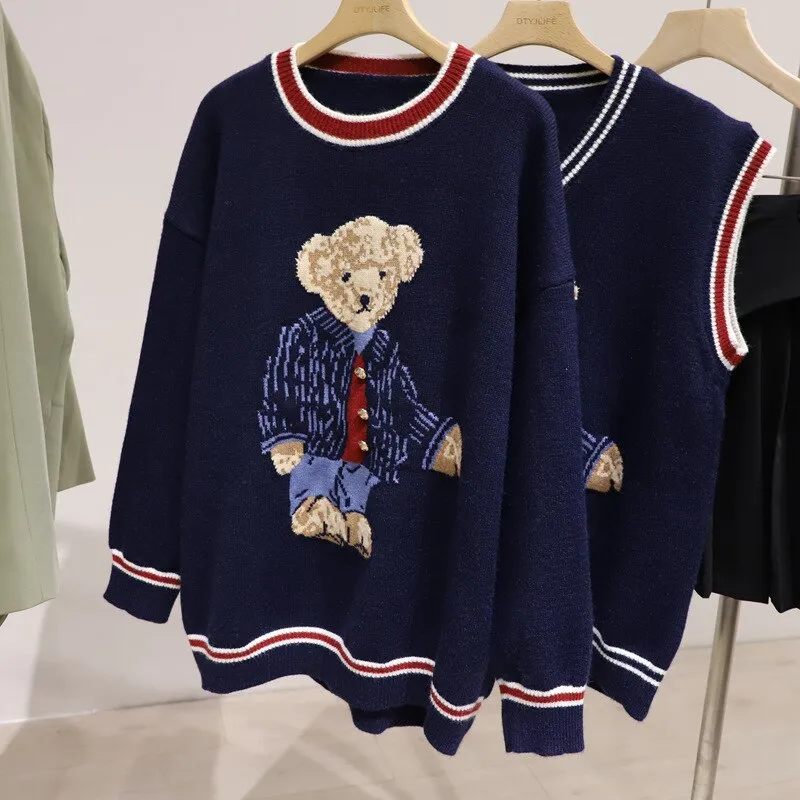 Teddy Bear Sweater Vest | Casual V Neck Sweater | Women Knitted Sweater | Korean Style Sweater | Girl Winter Sweater | Cartoon Vest Pullover